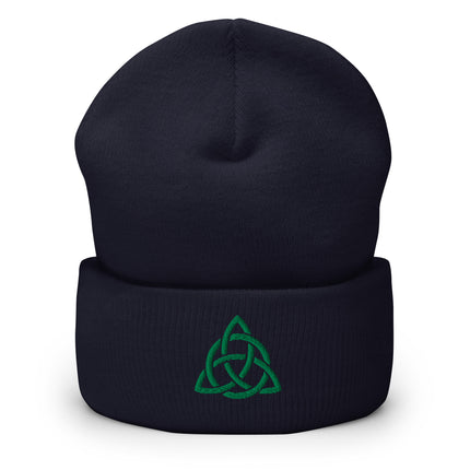 Green Triquetra Celtic knot embroidered beanie with cuffed cuff.
