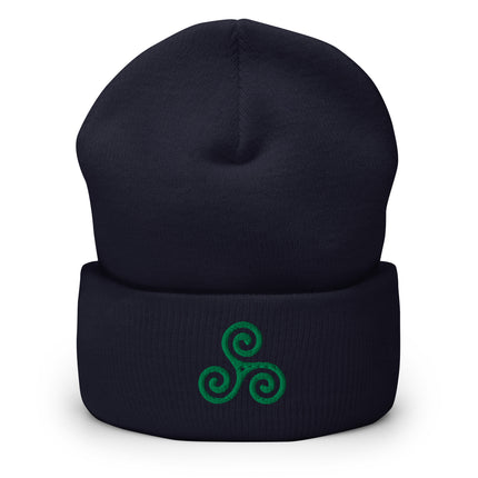 Green triskelion embroidered beanie with cuff.