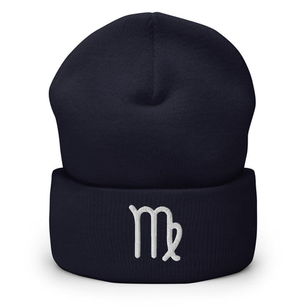 White embroidered Virgo zodiac symbol beanie for astrology lovers.