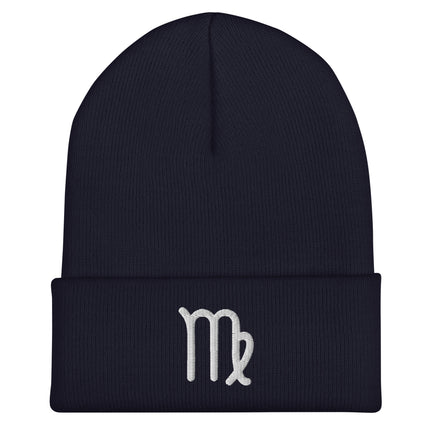 Virgo zodiac symbol beanie with white embroidered earth sign glyph.
