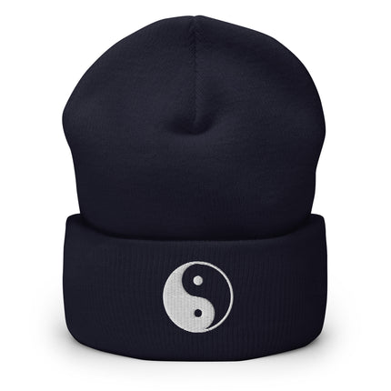 Embroidered Yin Yang symbol beanie, cuffed knit headwear featuring Zen and Taoist designs.