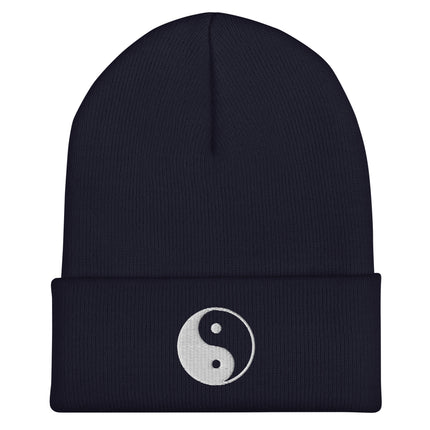 Yin Yang embroidered beanie with cuffed brim and Zen/Taoist symbols.