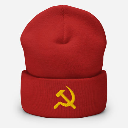 Yellow Hammer and Sickle Cuffed Embroidered Beanie