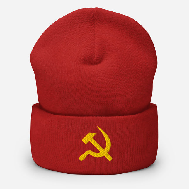 Yellow cuffed beanie embroidered with the hammer and sickle design.