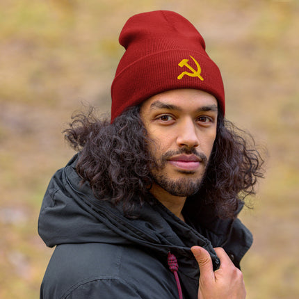 Yellow Hammer and Sickle Cuffed Embroidered Beanie