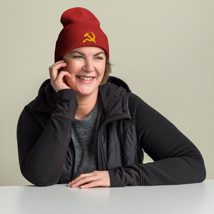 Yellow Hammer and Sickle Cuffed Embroidered Beanie