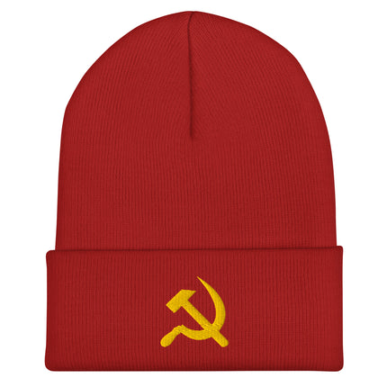 Yellow Hammer and Sickle Cuffed Embroidered Beanie