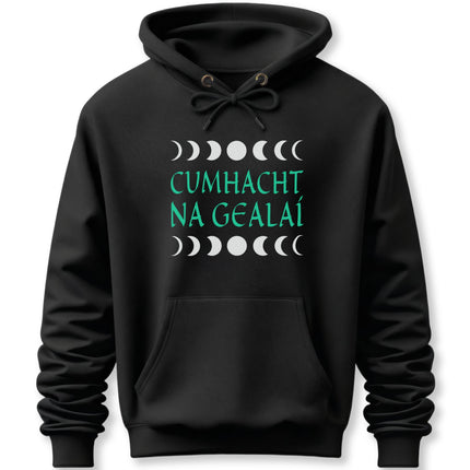 Irish Gaelic "Power of the Moon" hoodie featuring celestial moon phases and lunar cycle art.