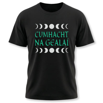 Cumhacht na Gealaí Irish lunar power t-shirt featuring the celestial moon phases graphic.