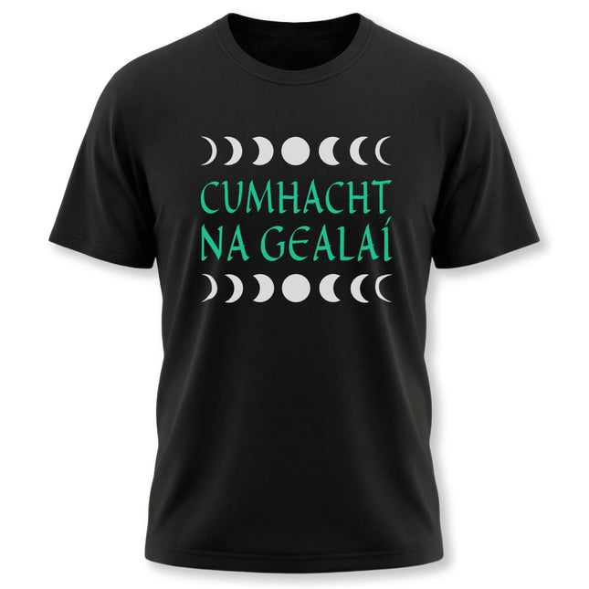 Cumhacht na Gealaí Irish lunar power t-shirt featuring the celestial moon phases graphic.