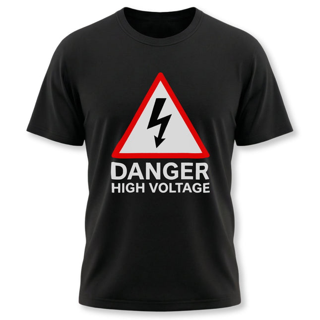 Black t-shirt with a red high voltage warning sign and lightning bolt graphic.