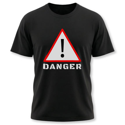 Black t-shirt featuring a red danger warning sign and bold "DANGER" text graphic.