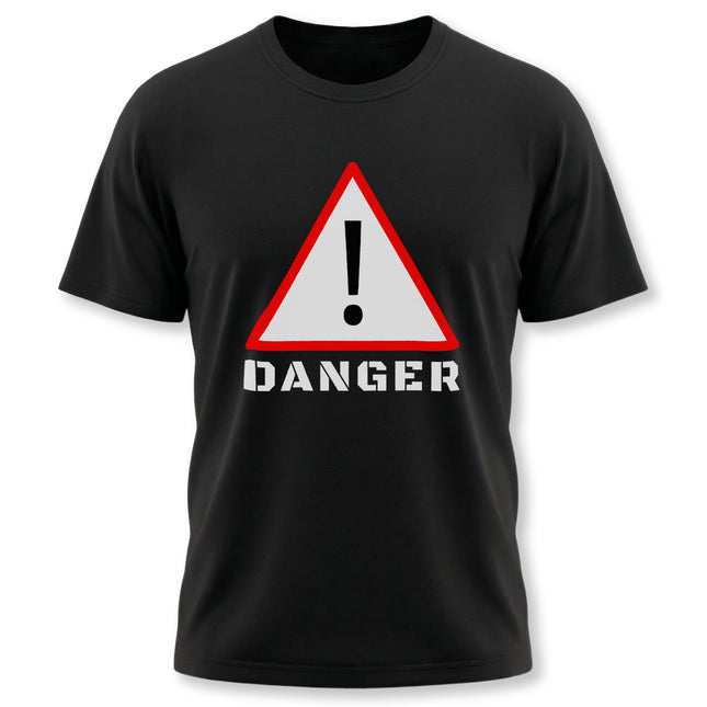 Black t-shirt featuring a red danger warning sign and bold "DANGER" text graphic.