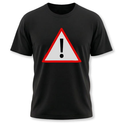Black t-shirt featuring a red and white warning sign with an exclamation mark symbol.