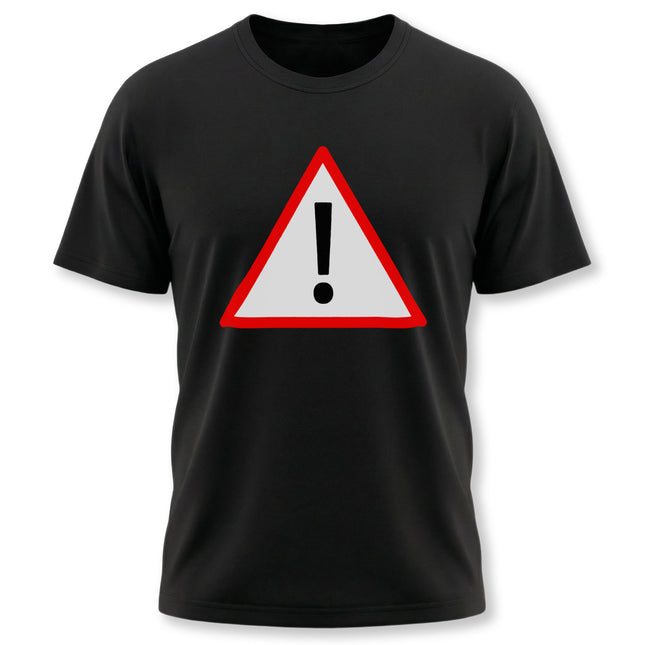 Black t-shirt featuring a red and white warning sign with an exclamation mark symbol.