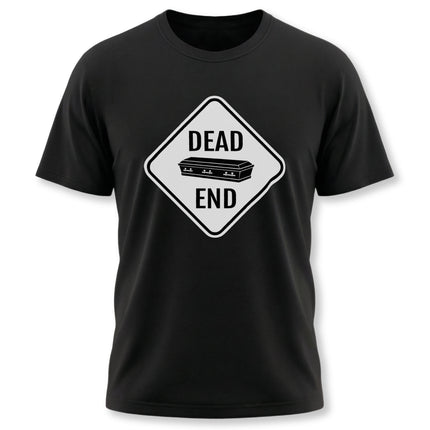 Dead End coffin graphic on a black dark humor t-shirt.