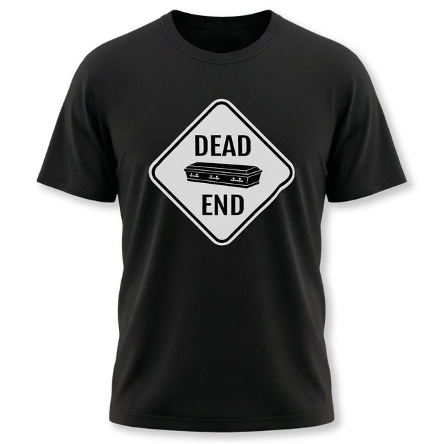Dead End coffin graphic on a black dark humor t-shirt.