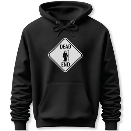 Black hoodie featuring a "Dead End" warning sign with a Grim Reaper silhouette graphic.