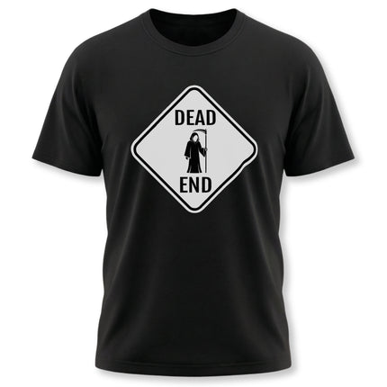 Dead End warning sign t-shirt featuring a Grim Reaper silhouette graphic.