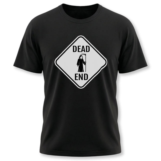 Dead End warning sign t-shirt featuring a Grim Reaper silhouette graphic.