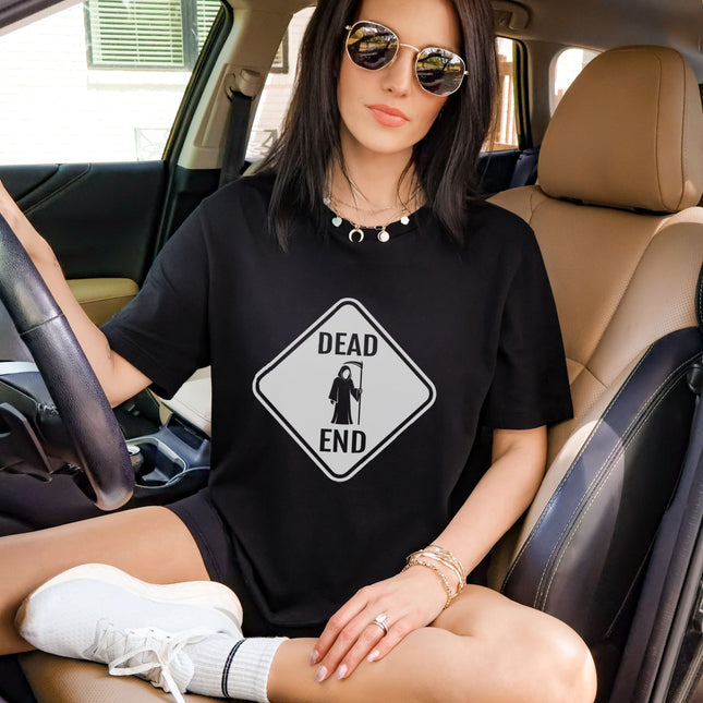 Dead End Grim Reaper Sign T-Shirt | Dark Humor Graphic Tee Shirt Design