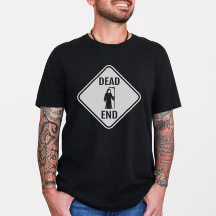 Dead End Grim Reaper Sign T-Shirt | Dark Humor Graphic Tee Shirt Design