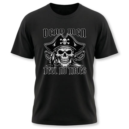 Dead Men Tell No Tales pirate skull graphic tee on a black t-shirt.