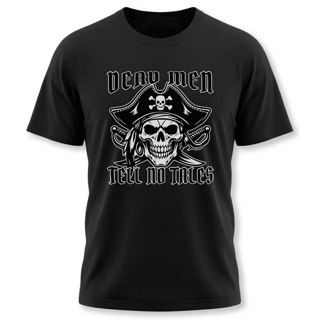Dead Men Tell No Tales pirate skull graphic tee on a black t-shirt.