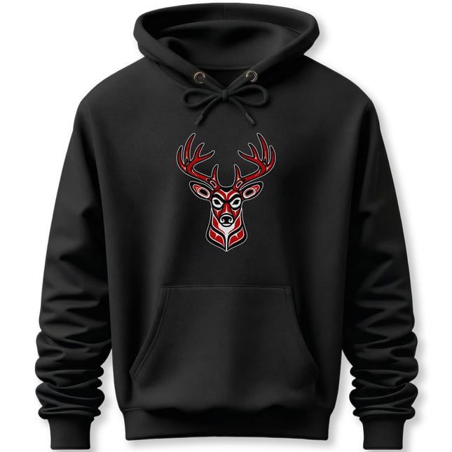 Red Tribal Deer Head Hoodie | Indigenous Art Stag Antlers Pullover Hoodie