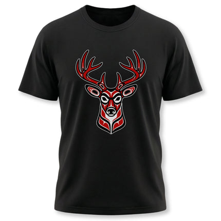 Red formline art deer head graphic on a black t-shirt, featuring Pacific Northwest Indigenous style.