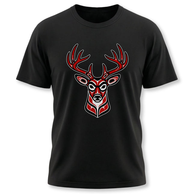 Red formline art deer head graphic on a black t-shirt, featuring Pacific Northwest Indigenous style.