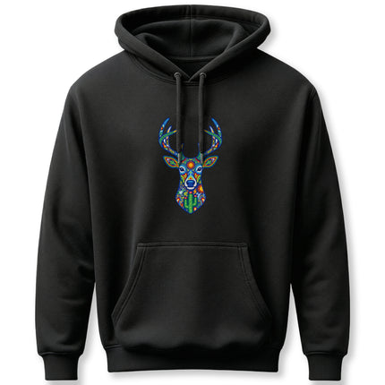 Colorful Huichol art deer graphic printed on a black unisex pullover hoodie.