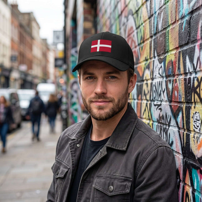 Black baseball cap featuring the Danish flag cross symbol.