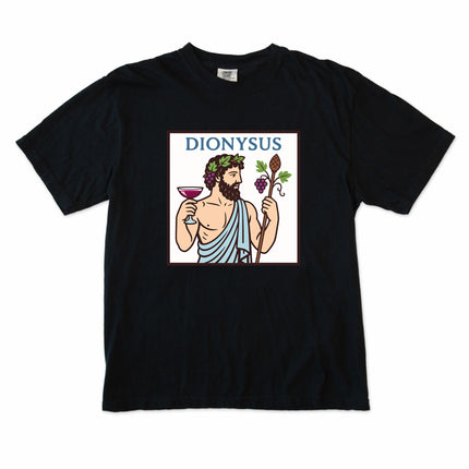 Dionysus Greek god of wine mythology graphic printed on a comfort colors t-shirt.