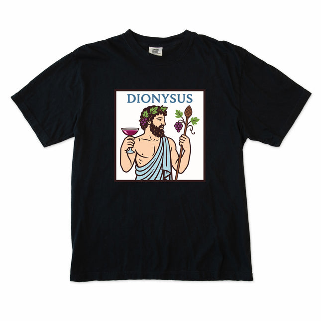 Dionysus Greek god of wine mythology graphic printed on a comfort colors t-shirt.