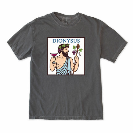 Dionysus Greek god of wine t-shirt graphic featuring mythology art and divine imagery.
