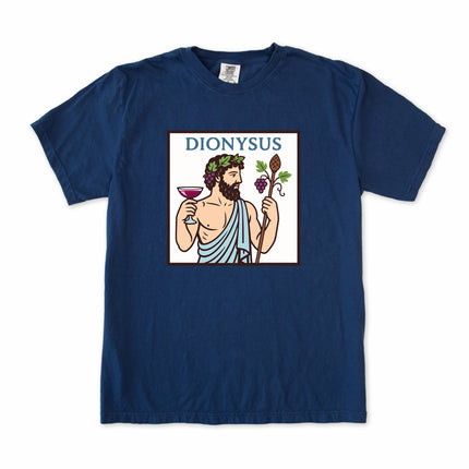 Dionysus Greek god of wine t-shirt graphic featuring mythology, grapes, and ivy design.