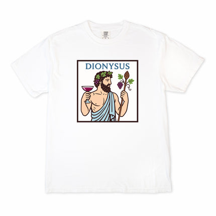 Dionysus Greek god of wine mythology graphic on a comfortable t-shirt.