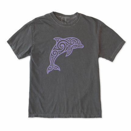 Tribal dolphin swirl art graphic printed on a comfortable ocean animal tee shirt.