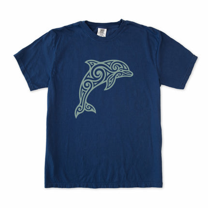 Tribal dolphin swirl art graphic printed on a comfortable ocean animal t-shirt.