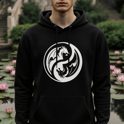 Yin Yang dragon graphic on a black hoodie, symbolizing duality, power, and balance.