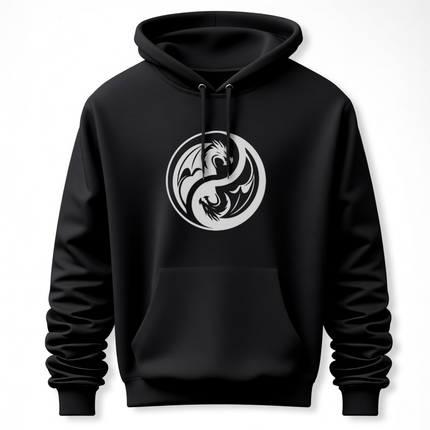 Black hoodie featuring a white and black dragon Yin Yang symbol, representing balance and power.