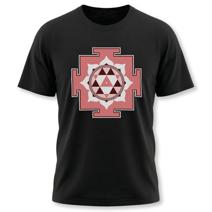 Black t-shirt featuring a red Durga Yantra sacred geometry symbol and Hindu mandala design.