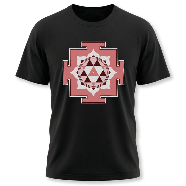 Black t-shirt featuring a red Durga Yantra sacred geometry symbol and Hindu mandala design.