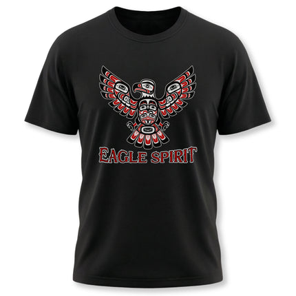 Haida tribal eagle art graphic on a black t-shirt, featuring "EAGLE SPIRIT" text.