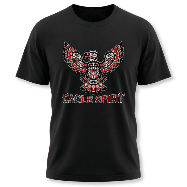 Haida tribal eagle art graphic on a black t-shirt, featuring "EAGLE SPIRIT" text.