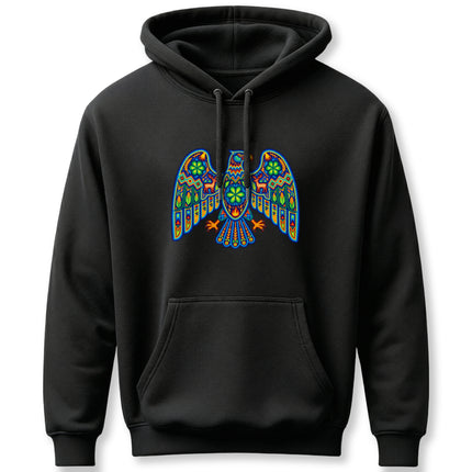 Colorful Huichol eagle art graphic on a black pullover hoodie.