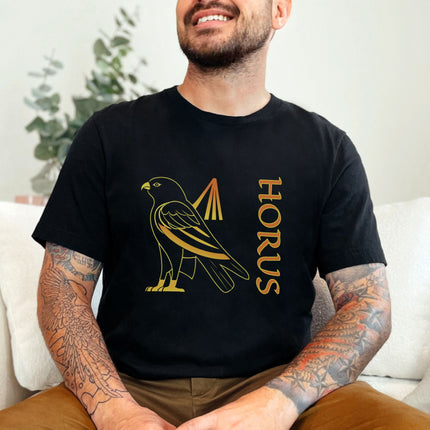 Horus Egyptian god graphic t-shirt featuring a detailed falcon mythology print design.