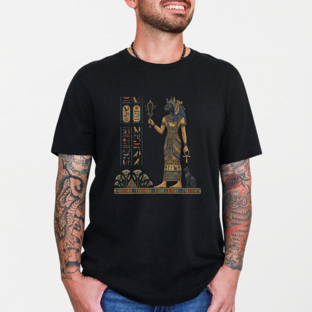 Egyptian Bastet Cat Goddess T-Shirt | Ancient Egypt Hieroglyphs Graphic Tee