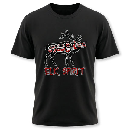 Native American formline art elk graphic tee featuring "ELK SPIRIT" text.